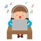 A young man is sitting at the computer. Music and music. Vector illustration.