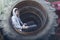 Young man sitting in a huge wheel of a tractor