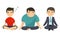 Young Man Sitting in Lotus Pose and Meditating Vector Illustration Set