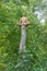 Young man sitting and meditating on old long tree trunk on foliage background