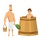Young man sitting in a tub. Bathhouse or banya procedure. Vector flat people. Activity for wellness and recreation