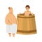 Young man sitting in a tub. Bathhouse or banya procedure. Vector flat people. Activity for wellness and recreation