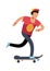 Young man on skateboard. Young character skater guy skating on board. Outdoor activities, extreme sport, healthy leisure