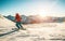 Young man skiing in alps mountains on sunny day - Skier training during winter season at sunset - Extreme sport, travel, landscape