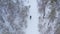 A young man is skiing in the winter forest. Aerial view.