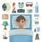 Young man with sleep problem insomnia and items.