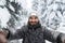 Young Man Smile Camera Taking Selfie Photo In Winter Snow Forest Guy Outdoors