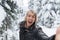 Young Man Smile Camera Taking Selfie Photo In Winter Snow Forest Guy Outdoors