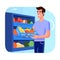 Young man smiling holding tray fresh vegetables front open refrigerator full groceries healthy