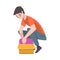 Young Man Squatting and Packing Cardboard Box Preparing Goods For Dispatch Cartoon Vector Illustration