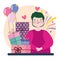 young man stack gifts balloons celebration cartoon