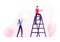 Young Man Stand on Ladder and Yelling, Woman Standing Downstairs with Index Finger Rising Up Managing Process