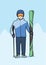 Young man standing with mountain ski. Winter sports, skiing. Vector illustration.