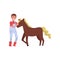 Young man standing next to brown horse, male farmer taking care of animal on farm vector Illustration on a white