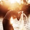 A young man is standing in a river and washing his face against the sunset.