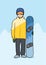 Young man standing with snowboard. Winter sports, snowboarding. Vector illustration.