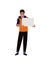 Young man stands holding blank sheet in his hands, isolated illustration