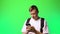 young man student communicates via texting flirting dating chroma key