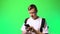 young man student communicates via texting flirting dating chroma key