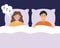 Young man suffering of his partner\\\'s snore at night. Snoring woman in bed. Couple or family troubles.