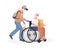 Young man supporting and caring disabled old woman on wheelchair vector flat cartoon illustration.