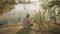 Young man surfs internet on smartphone sitting on river bank