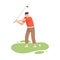Young Man Swinging with Golf Club, Male Golfer Player Playing Golf on Course, Outdoor Sport or Hobby Vector Illustration