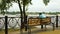 Young man talking on phone in summer park, pleasure boat on river, vacation