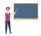 Young man teacher standing in front of blank school blackboard vector illustration. Cute cartoon school male teacher in