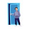 Young man or teen guy entering open door, flat vector illustration isolated.