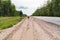 Young man, a teenager with a dog is walking on the side of the road. view back