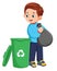 a young man throws rubbish in garbage bin