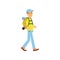 Young man tourist walking with hiking backpack on his shoulders. Outdoor recreation, summer vacation concept