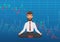 Young man trader meditating under falling crypto or stock market exchange chart. Business trader, finance stock market