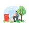 Young man, trash collector, cleaning company worker collecting garbage, flat vector illustration