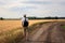 Young man traveler with backpack in hat stands in field at sunset and looks away, concept of freedom of choice, future, concept of