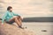 Young Man Traveler relaxing alone outdoor Lifestyle