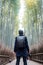 Young man Traveling at Arashiyama Bamboo Grove, Happy Asian traveler looking Sagano Bamboo Forest. landmark and popular for