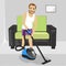 Young man in underwear cleaning carpet with vacuum cleaner at home