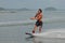 Young Man Wakeboarding in Maine`s Casco Bay