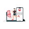 Young man walking on cardio control treadmill in clinic, vector illustration.