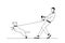 Young man walking a dog. Black and white outline vector illustration of a man holding a dog on a leash. Boy outside in