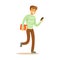 A young man walking and holding a book and a smartphone in his hands. Student lifestyle colorful character vector