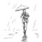 Young man walking in rain under umbrella. Hand drawn