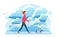 Young man walking withg dog in winter park flat vector illustration. Guy with dachshund. Pet lover routine, fresh cold