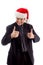 Young man wearing christmas hat with hand gesture