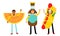 Young Man Wearing Food Costumes Standing and Waving Hand Vector Illustration Set