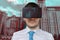 Young man is wearing virtual reality glasses. 3D simulation of city