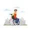 Young man in wheelchair flat vector illustration