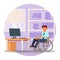 Young man in wheelchair working at office, flat vector illustration. Disabled person lifestyle. Disability employment.